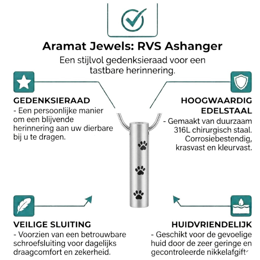 Aramat Jewels silver-colored stainless steel cylinder urn pendant with black paw prints, 3.4cm