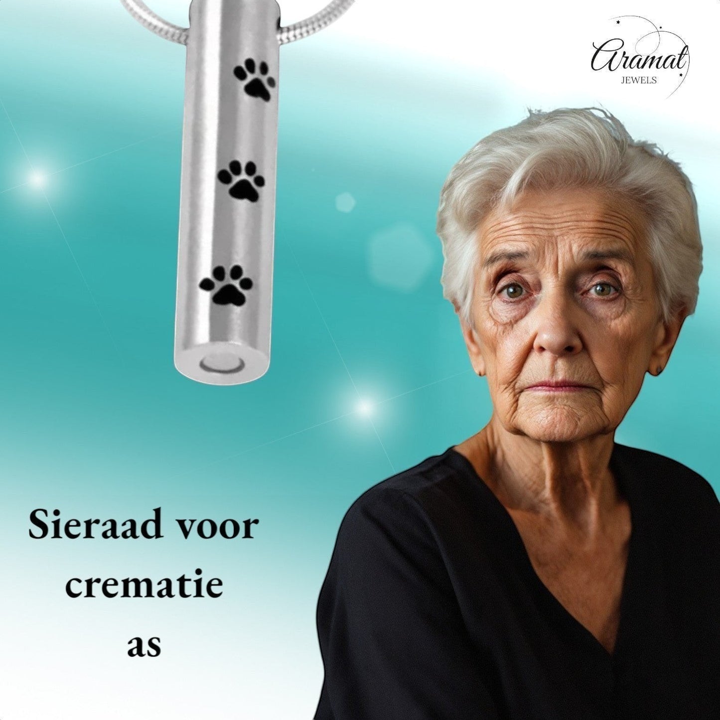 Aramat Jewels silver-colored stainless steel cremation urn pendant with black paw prints and a screw closure.