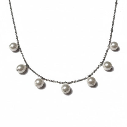 Aramat Jewels silver-tone stainless steel chain necklace featuring white synthetic drop and round pearls