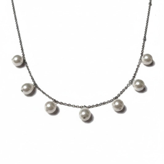 Aramat Jewels silver-tone stainless steel chain necklace featuring white synthetic drop and round pearls