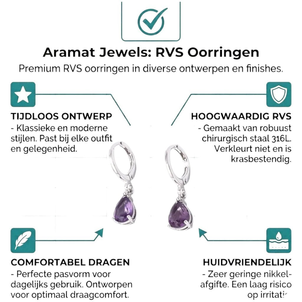 Aramat Jewels silver stainless steel huggie earrings with a dangling purple teardrop zirconia stone