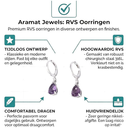 Aramat Jewels silver stainless steel huggie earrings with a dangling purple teardrop zirconia stone