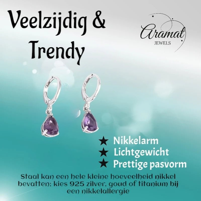 Aramat Jewels silver-tone stainless steel huggie hoop earrings with dangling purple teardrop zirconia stones