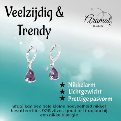 Aramat Jewels silver-tone stainless steel huggie hoop earrings with dangling purple teardrop zirconia stones