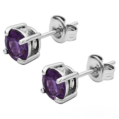 Aramat Jewels silver stainless steel stud earrings with 6mm purple zirconia stones in a 4-prong setting.