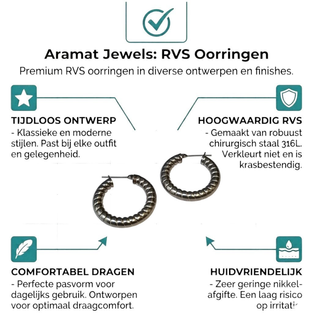 Aramat Jewels silver-coloured hollow steel hoop earrings with a ribbed stripe motif, 30mm diameter.