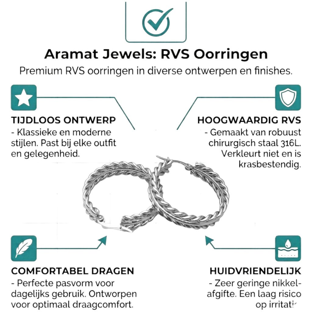 Aramat Jewels silver-tone stainless steel hoop earrings with a twisted rope design, 35mm diameter.