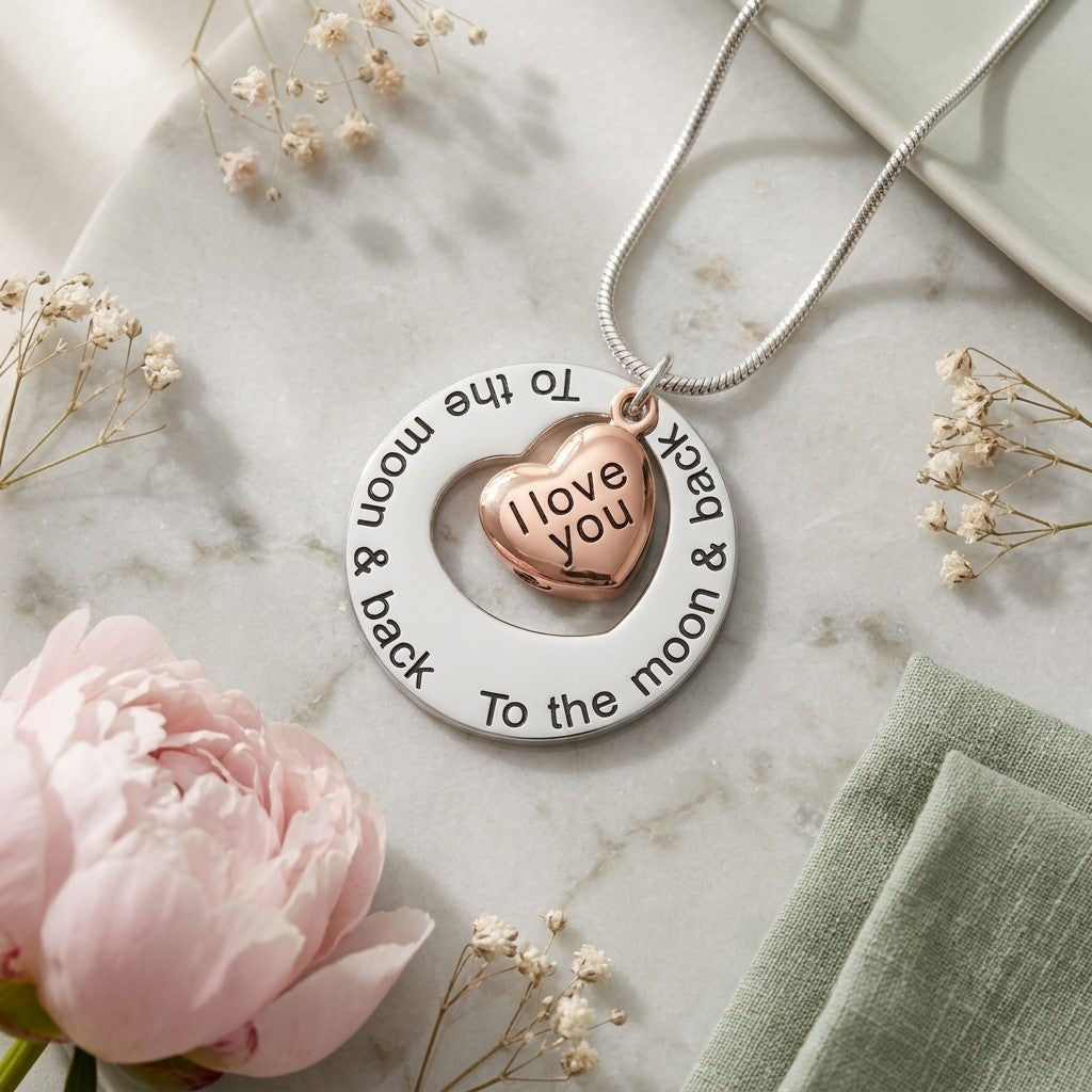 Aramat Jewels silver and rose gold heart cremation pendant with "I love you" engraving on a round pendant engraved with "To the moon & back".