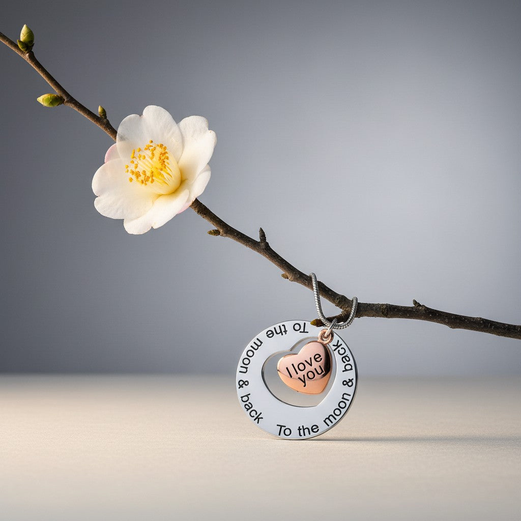 Aramat Jewels silver and rose gold ash pendant with 'I Love You To The Moon & Back' engraving and a rose gold heart.