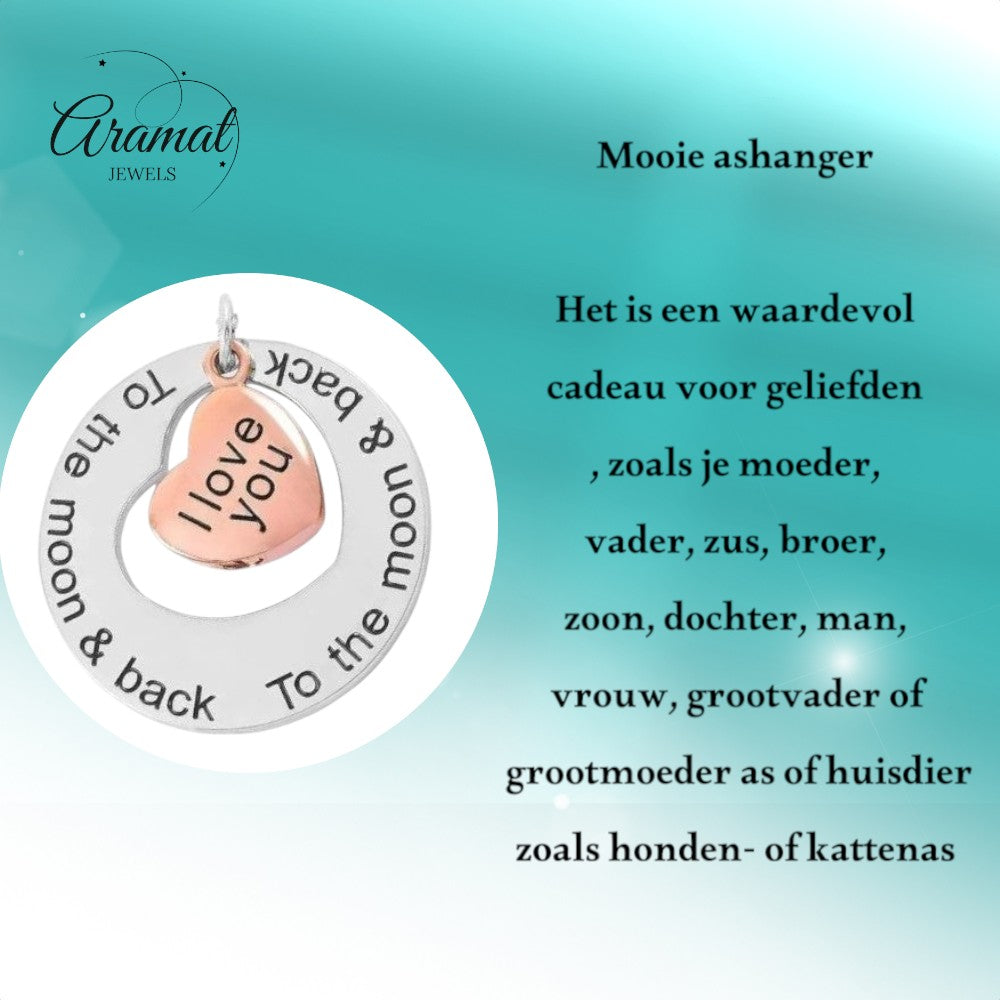 Aramat Jewels silver and rose gold tone pendant with "I Love You To The Moon & Back" engraving and a rose gold heart.
