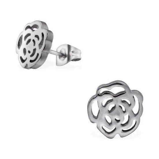 Aramat Jewels stainless steel rose stud earrings with an elegant open-cut floral design in a silver tone.
