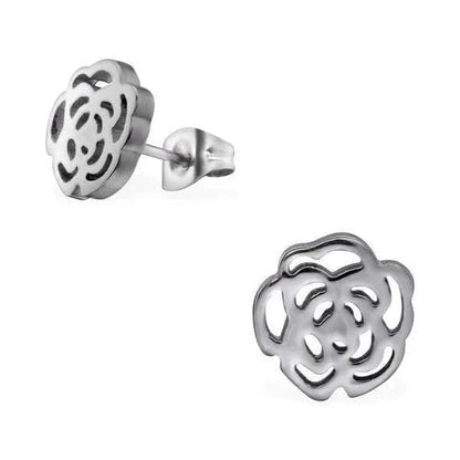 Aramat Jewels stainless steel rose stud earrings with an elegant open-cut floral design in a silver tone.
