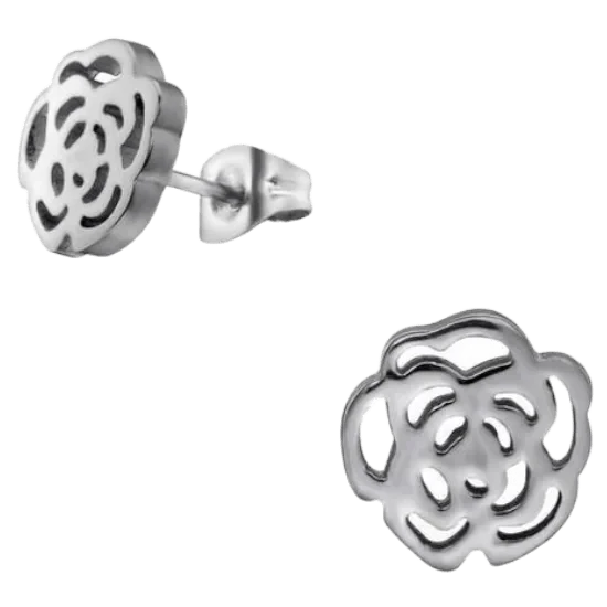 Aramat Jewels silver-colored stainless steel stud earrings featuring an elegant open-cut rose flower design.