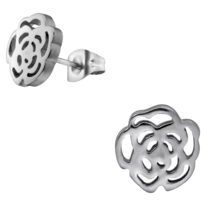 Aramat Jewels silver-colored stainless steel stud earrings featuring an elegant open-cut rose flower design.