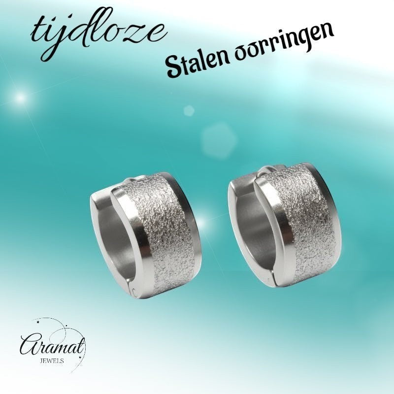 Aramat Jewels sandblasted silver-tone stainless steel huggie hoop earrings, 13mm, with a matte textured finish.