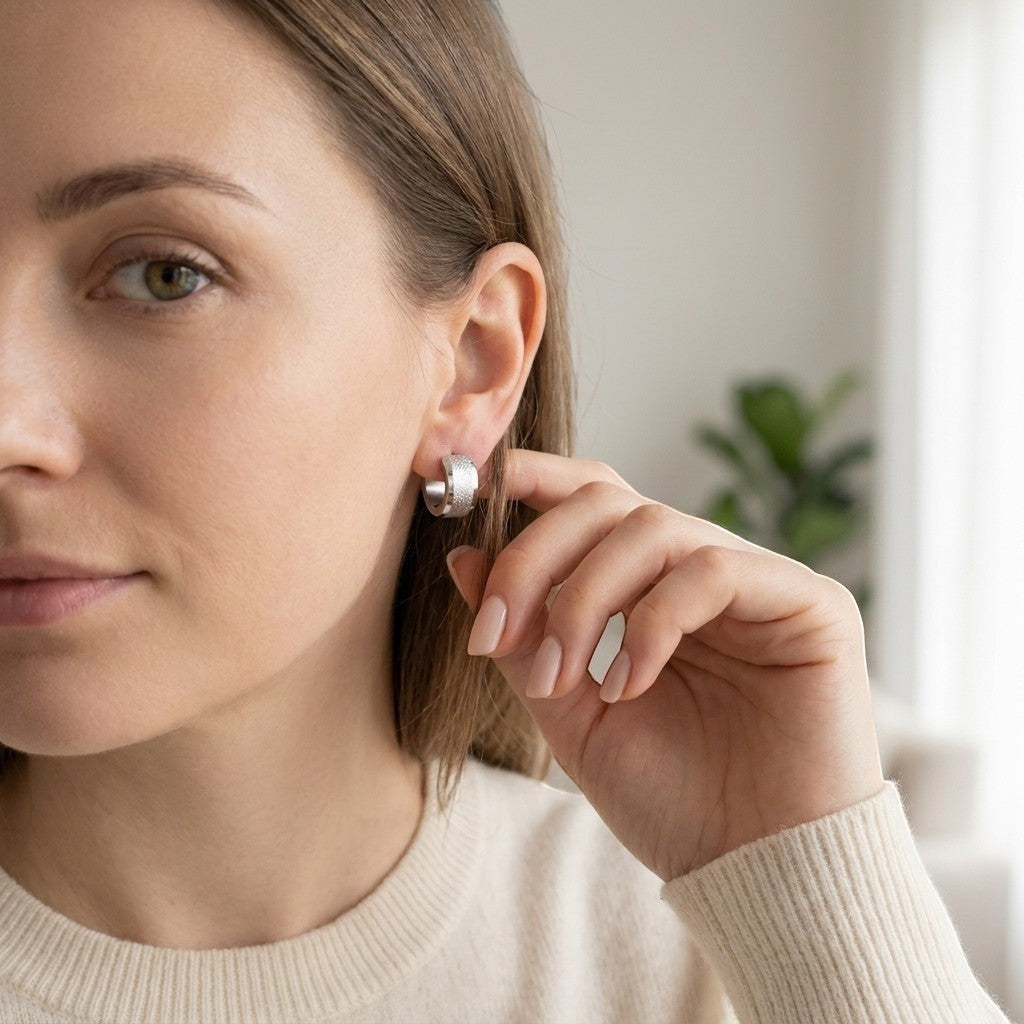 Aramat Jewels sandblasted silver-tone stainless steel huggie hoop earrings, 13mm, with a matte finish and wide stripe detail.