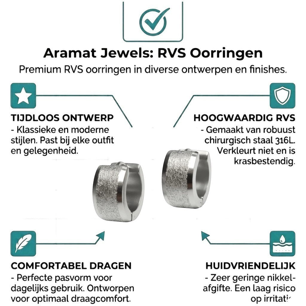 Aramat Jewels sandblasted silver-colored RVS huggie hoop earrings, 13mm, with a matte finish and wide stripe detail.