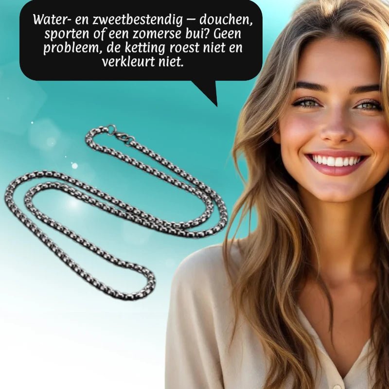 Aramat Jewels silver-colored stainless steel 3.5mm cable chain necklace worn by a smiling woman in a bright setting