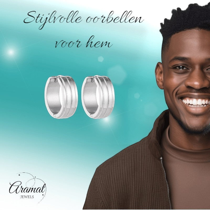 Aramat Jewels silver-tone stainless steel hoop earrings with double stripe detail, 20mm diameter, unisex design.
