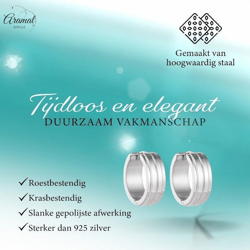 Aramat Jewels silver-coloured stainless steel huggie hoop earrings with two raised stripes, 20 mm diameter.