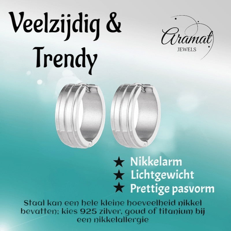 Aramat Jewels silver-colored stainless steel hoop earrings with two raised stripes, 20mm diameter, unisex.