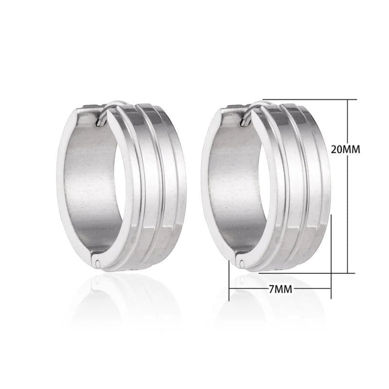 Aramat Jewels silver-tone stainless steel hoop earrings, 20mm diameter, featuring two raised stripes and a hinged clasp. Unisex design.