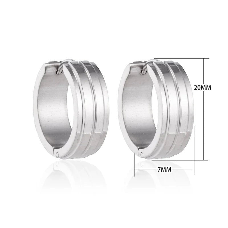 Aramat Jewels silver-tone stainless steel hoop earrings, 20mm diameter, featuring two raised stripes and a hinged closure. Unisex design.