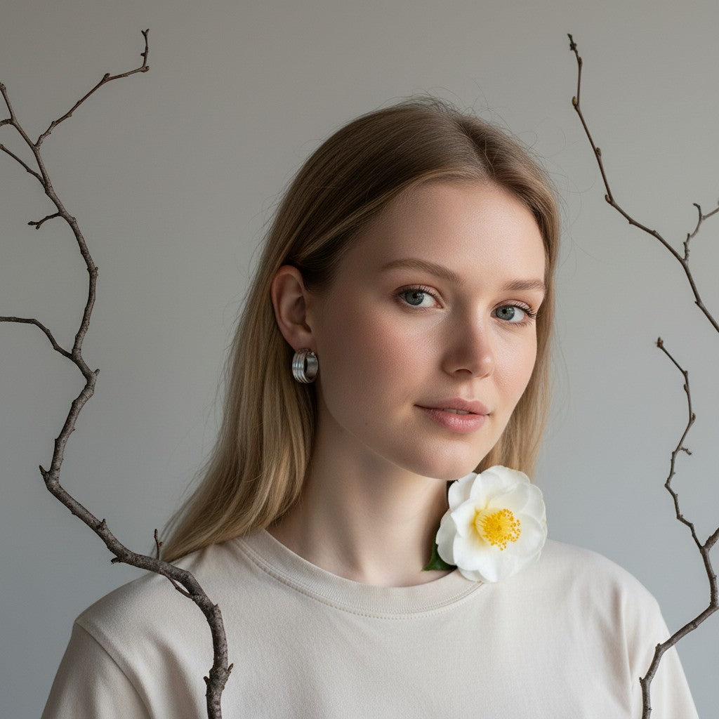 Aramat Jewels silver-tone stainless steel hoop earrings with two raised stripes, worn by a blonde woman with a white flower.