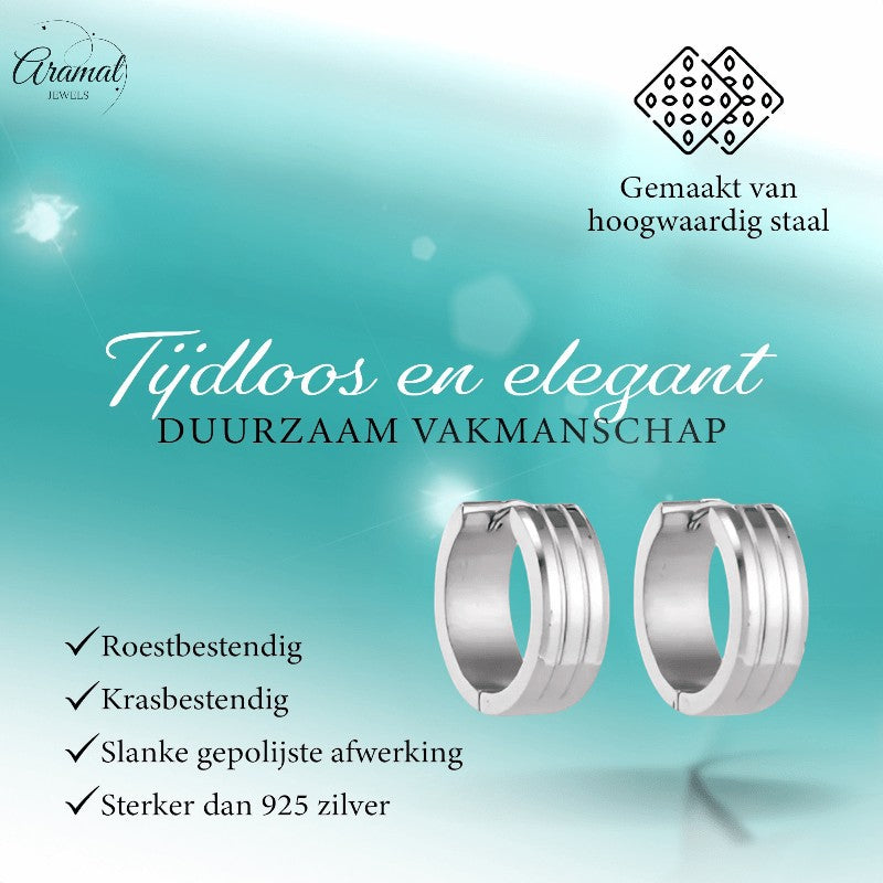 Aramat Jewels silver-tone stainless steel hoop earrings with three raised stripes, 20mm diameter, polished finish.