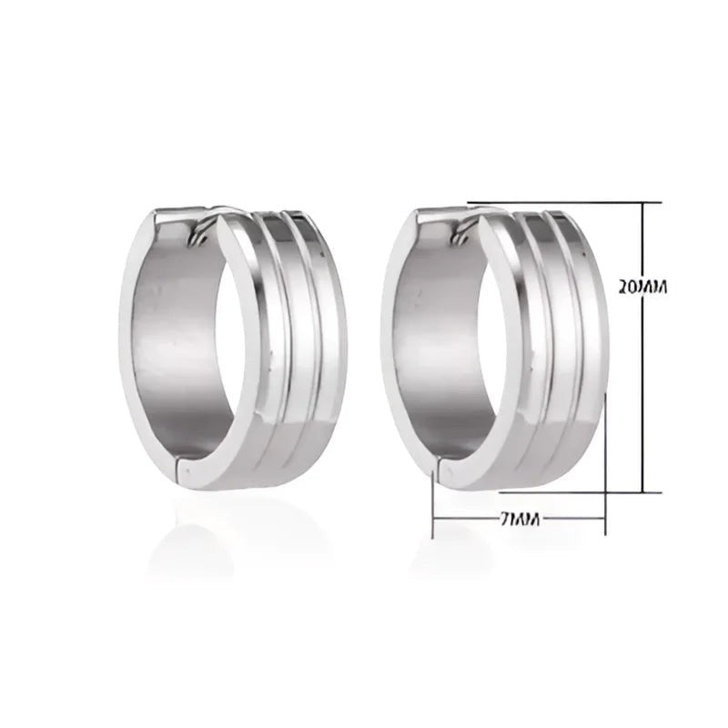 Aramat Jewels silver stainless steel hoop earrings with three raised stripes, 20mm diameter, 7mm width.