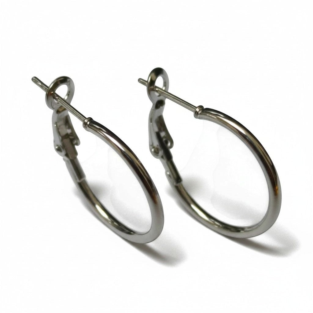 Aramat Jewels silver stainless steel hoop earrings with a high-gloss finish and hinge closure, available in multiple sizes.
