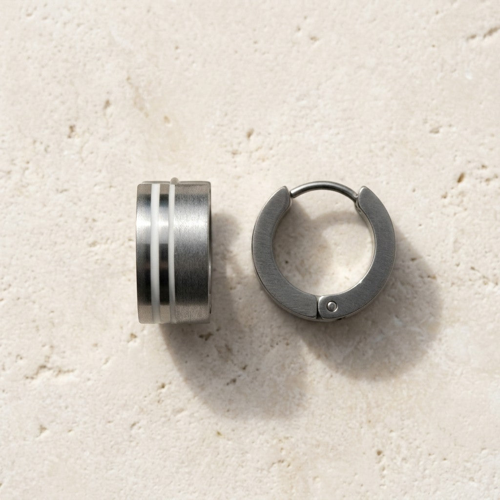 Aramat Jewels silver-tone stainless steel hoop earrings with sandblasted and polished stripes, 13mm