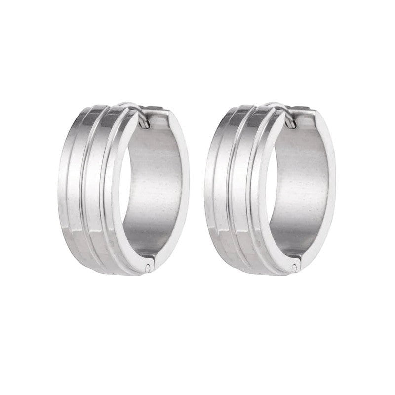 Aramat Jewels silver-tone stainless steel hoop earrings with two raised stripes, 20mm diameter.