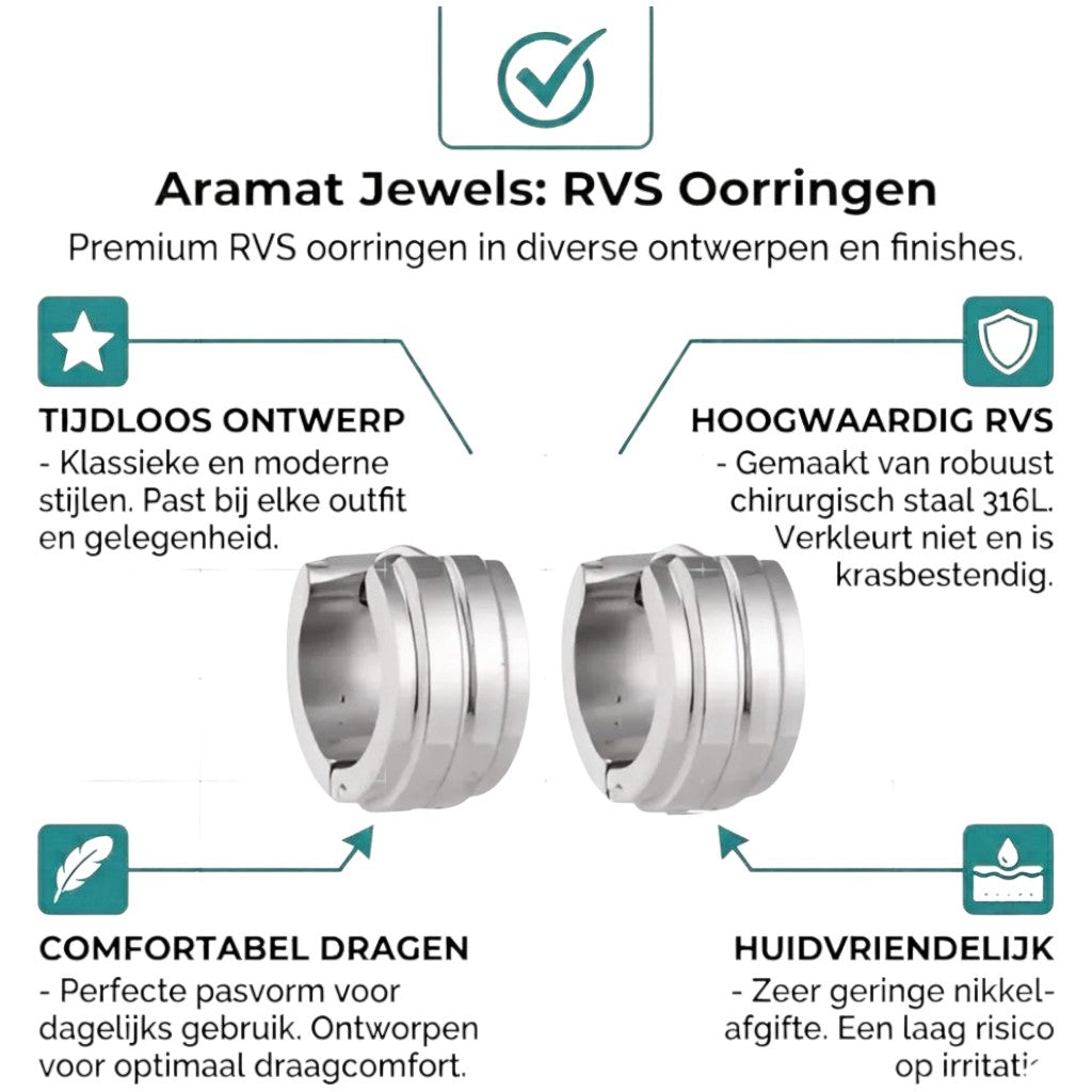 Aramat Jewels silver-coloured stainless steel huggie hoop earrings with two raised stripes, 13mm diameter.