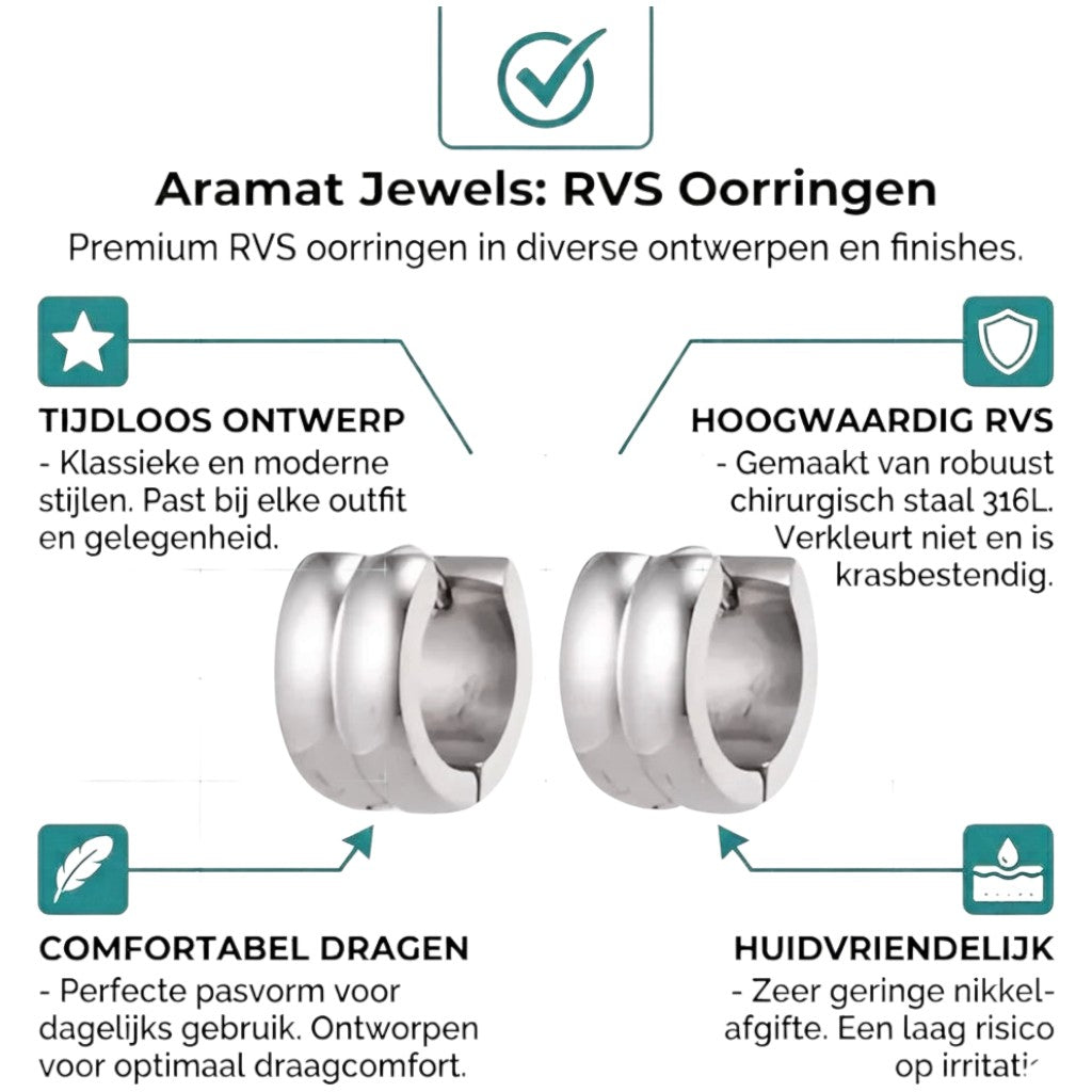 Aramat Jewels silver-tone stainless steel huggie hoop earrings with two rounded stripes, 13mm diameter.