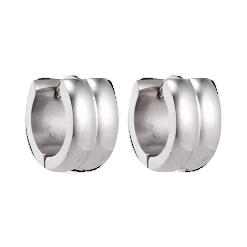 Aramat Jewels silver-colored stainless steel huggie hoop earrings with two rounded stripes, 13mm diameter.