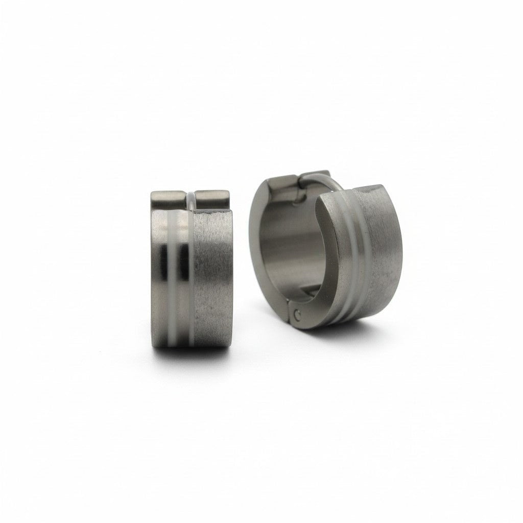 Aramat Jewels silver-tone stainless steel hoop earrings with sandblasted and polished striped finish, 13mm