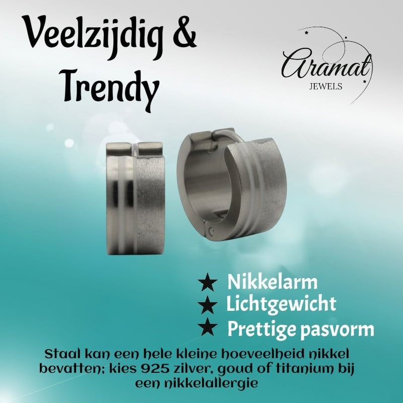 Aramat Jewels silver-tone stainless steel hoop earrings with sandblasted and polished striped finish, 13mm size.