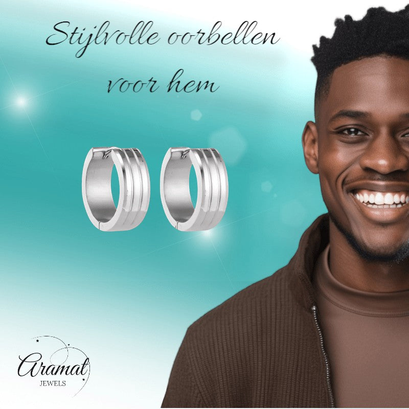 Aramat Jewels silver-tone stainless steel hoop earrings with three raised stripes, 20mm diameter, 7mm width.