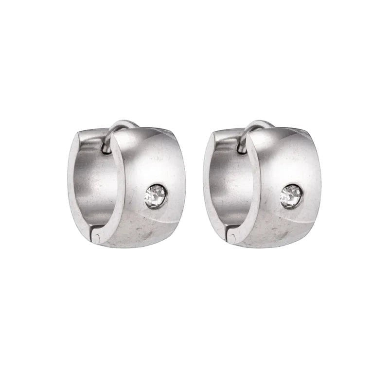 Aramat Jewels silver-coloured wide stainless steel hoop earrings with a clear cubic zirconia stone.