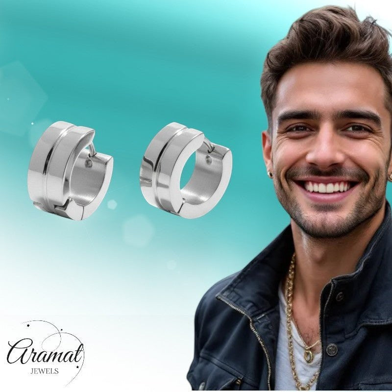 Aramat Jewels silver-tone stainless steel huggie hoop earrings with a double-band accent, 13x7mm.