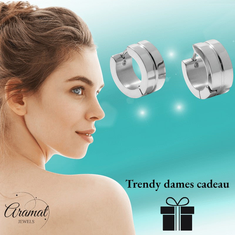 Aramat Jewels silver-tone stainless steel huggie hoop earrings with a subtle striped accent, 13x7mm.