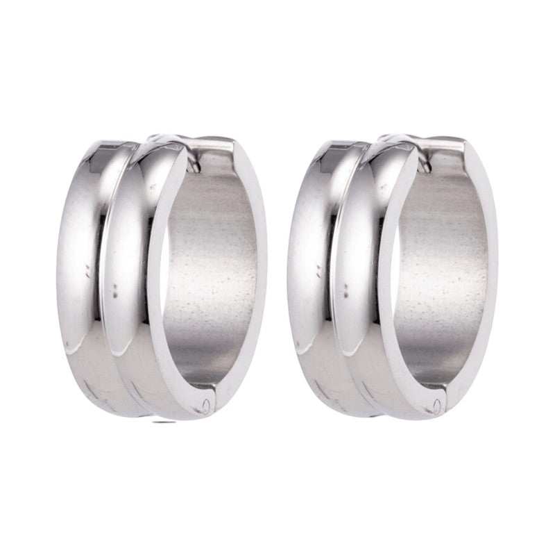 Aramat Jewels silver-tone stainless steel huggie hoop earrings with double stripe detail, 20mm diameter.