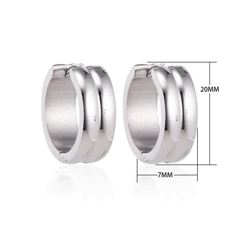 Aramat Jewels unisex silver-tone stainless steel huggie hoop earrings with double stripe detail, 20mm diameter.