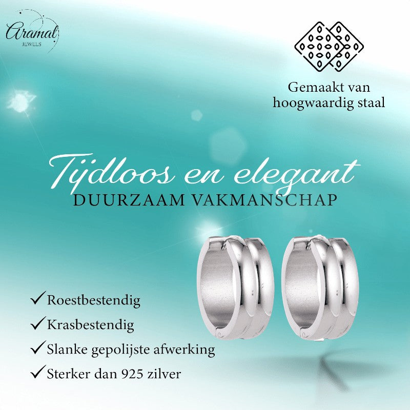 Aramat Jewels unisex silver-colored stainless steel huggie hoop earrings with two rounded stripes, 20mm diameter.