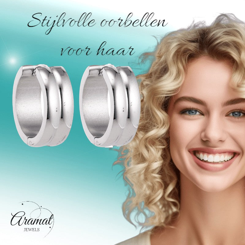 Aramat Jewels unisex silver stainless steel huggie hoop earrings with two rounded stripes, 20mm diameter.