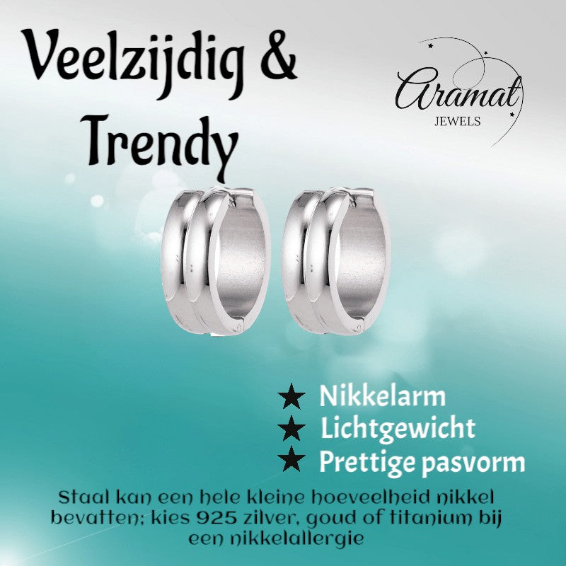 Aramat Jewels unisex silver-tone stainless steel huggie hoop earrings with double stripe detail, 20mm diameter.