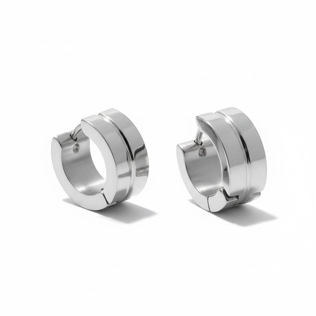 Aramat Jewels silver-tone stainless steel huggie hoop earrings with a subtle grooved accent, 13x7mm.