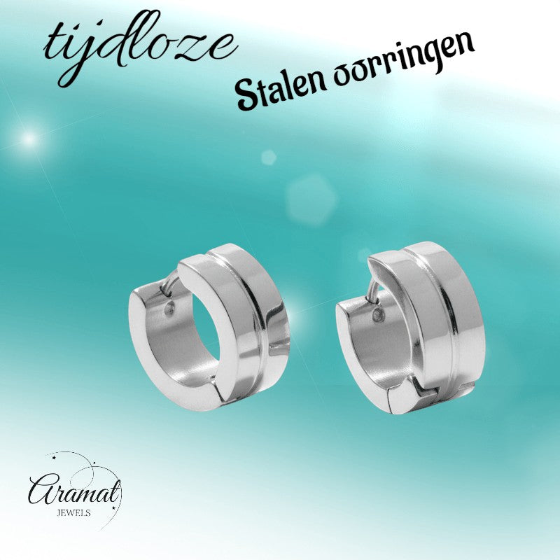 Aramat Jewels silver-tone stainless steel huggie hoop earrings with a double-line accent, 13x7mm.