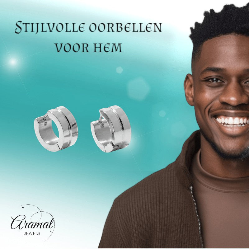 Aramat Jewels silver-tone stainless steel huggie hoop earrings with a double-line accent, worn by a smiling man.